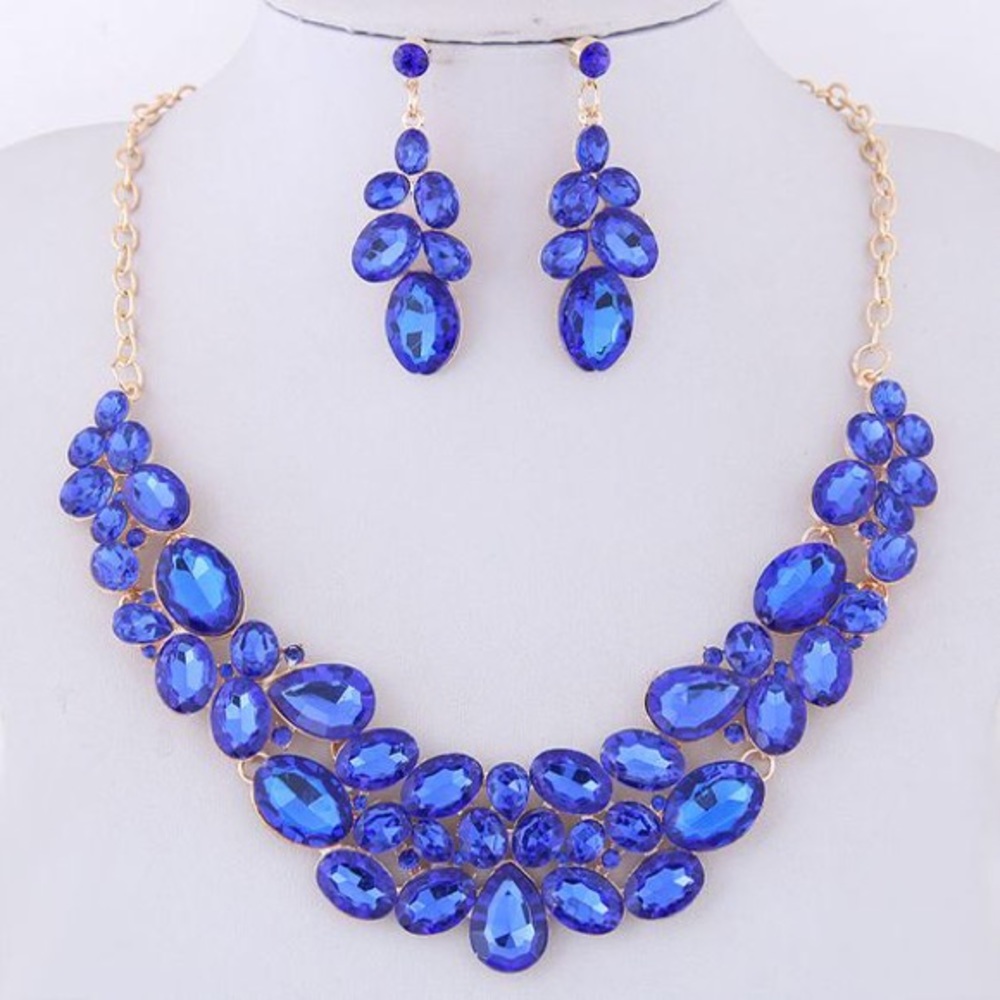 Blue Rhinestone Alloy Gold Necklace Set